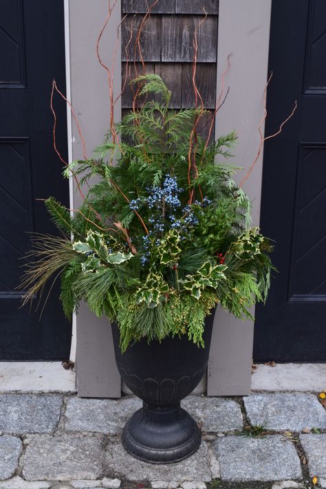 Holiday Decor — Paragon Landscape Construction Christmas Porch Planters, Christmas Planters Outside Front Porches, Landscape Front Porch, Planter Front Porch, Front Porch Patio Ideas, Landscaping Front Porch, Porch Gardens, Front Porch House, Copper Christmas Decor