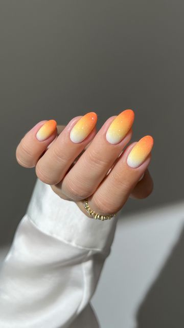 Aistė Haas on Instagram: "🌽🎃✨ candy corn ombre nails for the touch of halloween sweetness 🧡🍂

*all the products used are linked on my amzn in the bio 
_____
*affiliate #fallnails #sparklynails #ombrenails  #orangenails #nails #nailinspo #nailtutorials #diynails yellow white orange gradient nails, almond nails, simple classy autumn Halloween 
candy nails" Gradient Nails Yellow, Gradient Nails Almond, Yellow And Orange Nails, Orange And White Nails, Almond Nails Simple, Classy Autumn, Orange Ombre Nails, Candy Nails, Orange Gradient