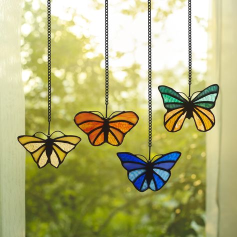 River of Goods Set of 4 Butterflies River of Goods Multicolored Stained Glass Window Panels - 4" x 0.25" x 3.2" - Bed Bath & Beyond - 37050881 Cabin Style Decor, Stained Glass Window Panels, Glass Wings, Small Butterflies, Unique Window, Stained Glass Window Panel, Stained Glass Butterfly, Cabin Style, Stained Glass Window