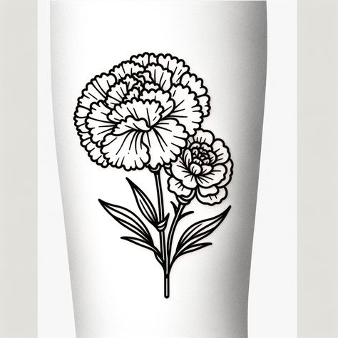 Carnation And Marigold Tattoo, January Birth Flower Tattoo, Carnation Flower Tattoo, Marigold Tattoo, October Birth Flower, Tattoo Symbolism, February Birth Flower, Carnation Tattoo, January Birth Flower