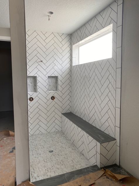 American Olean Tile, White Herringbone Tile Bathroom, Chevron Tile Bathroom, White Hexagon Tile Floor, Herringbone Shower Tile, Chevron Tile Pattern, Herringbone Tile Bathroom, Herringbone Shower, White Herringbone Tile