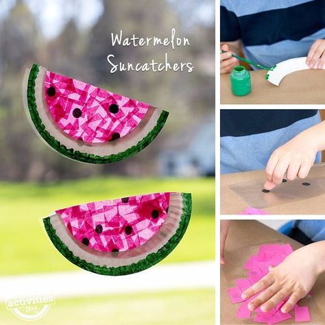 August Crafts, Watermelon Crafts, Watermelon Theme, Watermelon Art, Suncatcher Craft, Black Tissue Paper, Summer Crafts For Kids, Plate Crafts, Toddler Art