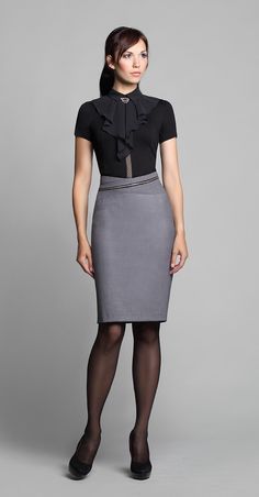 Gray Pencil Skirt Black Top Black Pantyhose and Black High Heels Glamorous Office, Office Clothing, Office Attire Women, Gray Pencil Skirt, Pencil Skirt Outfits, Grey Pencil Skirt, Black Pantyhose, Fashion Tights, Classic Style Women