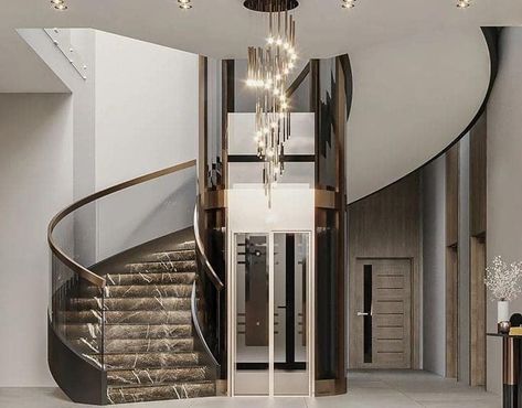 (1) Facebook Stair With Elevator Design, Lift House Design, Stairs And Elevator Design, Staircase With Lift, Staircase Design Round, Round Staircase Design, Staircase With Landing, Round Staircase, Circular Staircase