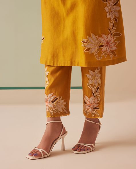 MUSTARD CONTRAST EMBROIDERED YOKE DETAIL KURTA WITH PANTS Pant For Women, Straight Kurta, Beaded Neckline, Embroidery Floral, Pattern Embroidery, Kurta With Pants, Thread Work, Cut Work, Aza Fashion