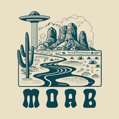 Retro Desert Aesthetic, Utah Illustration, Vintage Illustration Art Retro, Retro T Shirt Designs, Desert Graphic Design, Ufo Drawing, Ufo Illustration, Vintage Cowboy Art, Desert Logo