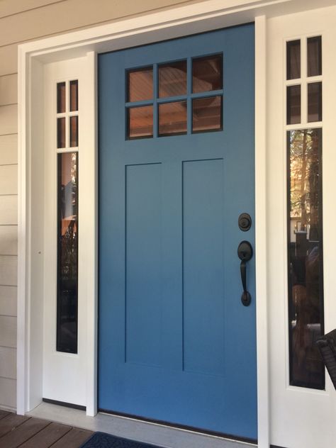 Sherwin William's, Secure Blue Different Colored Front Doors, Sherwin Williams Secure Blue, Blue Doors, Blue Doors Front Entrance, Slate Blue Paint Colors, Navy Front Door, Light Blue Houses, Exterior Front Door Colors, Teal Front Doors