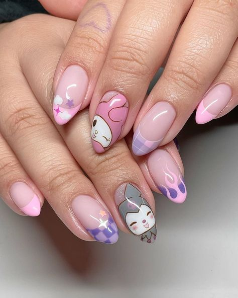 Japanese Gel Nail Artist ❀ on Instagram: “The best duo 💖 My Melody x Kuromi Swipe for video 🖤💗 . . . . . . . . . . .…” My Melody X Kuromi, Paznokcie Hello Kitty, Hello Kitty Nails Art, Horror Nails, Kawaii Nail Art, Hello Nails, Anime Nails, Hello Kitty Nails, Blush Nails