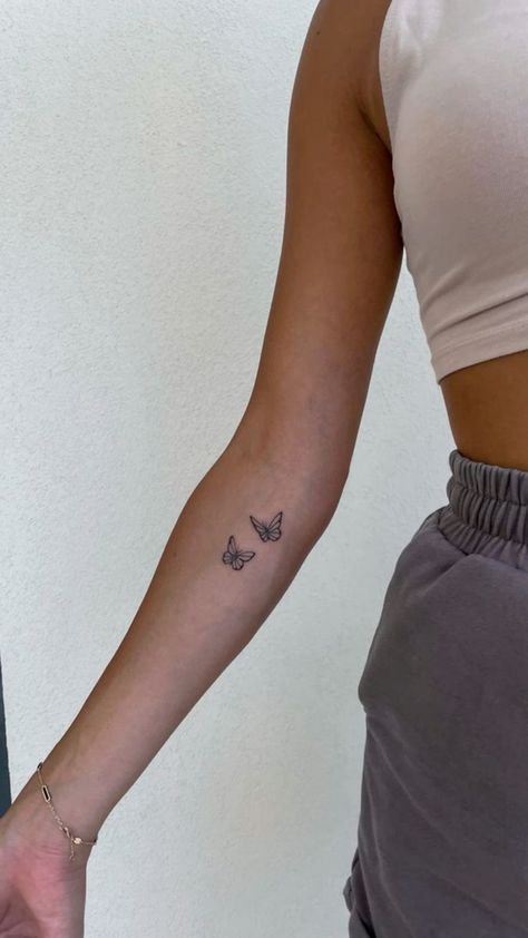 Tattoos For Small Arms, Tat Ideas For Women, Two Small Butterflies Tattoo, Small Butterfly Tattoo On Arm, Minimalist Tattoo Butterfly, Butterfly Tattoo Inner Arm, Butterfly Tattoo Dainty, Simple Arm Tattoos For Women, Butterfly Tattoo On Ankle