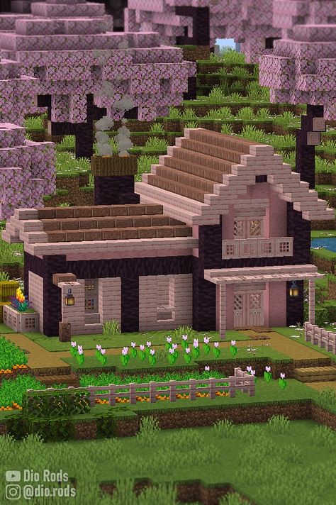 Cherry Blossom Starter House, with a chimney and a flower garden in front of the cottage. Simple Minecraft House Layout, Cute Cozy Minecraft Houses, Minecfrat Houses Easy, Simple Cute Minecraft Houses Cottage, Cherry Wood House Ideas Minecraft, Minecraft Houses With Tutorial, Mincraft Idea Houses Cute, Cool House Ideas Minecraft, Minecraft Starting House