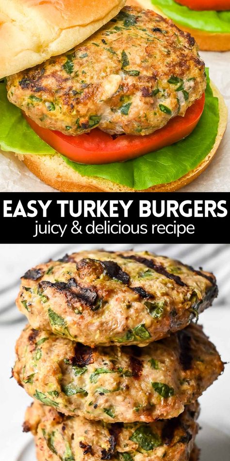 This is the BEST juicy healthy turkey burger recipe you've ever had! Easy and quick to prep with simple ingredients. Ready to grill, air fry, or cook in less than 20 minutes! The most delicious and flavorful ground turkey burgers with zucchini and no egg! Ground Turkey Zucchini Recipes, Easy Turkey Burgers, Ground Turkey Burgers, Turkey Burger Recipe, Grilled Turkey Burgers, Healthy Ground Turkey, Turkey Burger Recipes, Grilled Turkey, Healthy Turkey