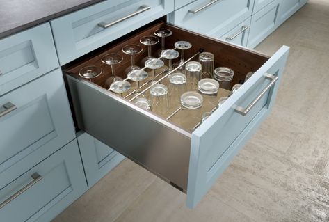 Create a glassware base cabinet for easy access and storage for every day usage.    Come visit us in our newly remodeled showroom here in lovely downtown Fairfield CT or visit us on the web at shoreandcountrykitchens.com to view all of our latest kitchen design projects Utensil Storage Drawer, Spice Storage Drawer, Kitchen Cabinet Inspiration, Wine Glass Storage, Newly Remodeled Kitchens, Kitchen Cabinet Drawers, Utensil Storage, Glassware Storage, Kitchen Drawer Organization