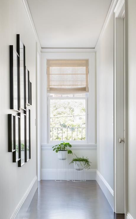 Hallway Photo Wall, Plant Nook, Wall Trim Molding, End Of Hallway, Nook Inspiration, Barnwood Floors, White Hallway, Hallway Walls, Grey Accent Wall