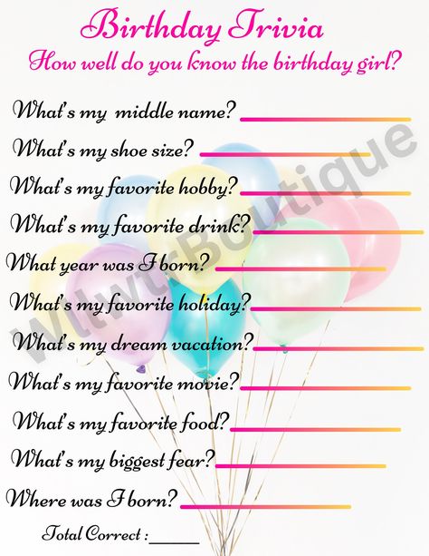 Do You Know The Birthday Girl, How Well Do You Know The Birthday Girl, Who Knows The Birthday Girl Best, Birthday Game Ideas, Birthday Trivia, 12th Birthday Party Ideas, Fun Sleepover Activities, Birthday Quiz, Birthday Sleepover Ideas