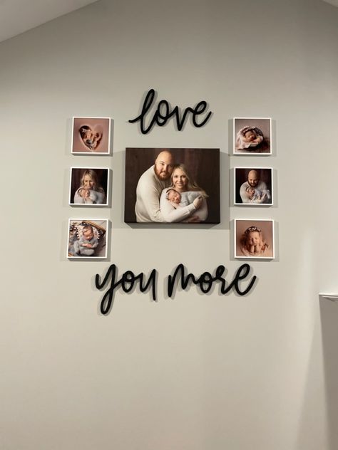 Easy & Cute Picture Wall -Canvas & Tiles from Walgreens -Love You More words from Hobby Lobby Photo Frame Ideas For Bedroom Wall, Couple Room Wall Decor, Couple Wall Decor Ideas, Canvas Picture Wall Ideas Bedrooms, Bedroom Photo Wall Ideas Couple, Couple Photo Frame Ideas For Bedroom, Bedroom Picture Wall Ideas Couples, Cute Picture Wall, Couple Photo Frame Ideas