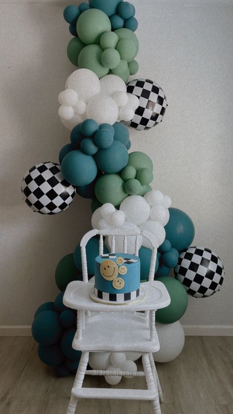 Checker Party Theme, Two Cool Balloon Arch, Black And White Checkered Birthday Party, Black And White Checkered Baby Shower Ideas, Checkered 1st Birthday, Baby On Board Vans Baby Shower Ideas, Checkered Theme Party, A Little Dude Is On The Way, Checkered First Birthday