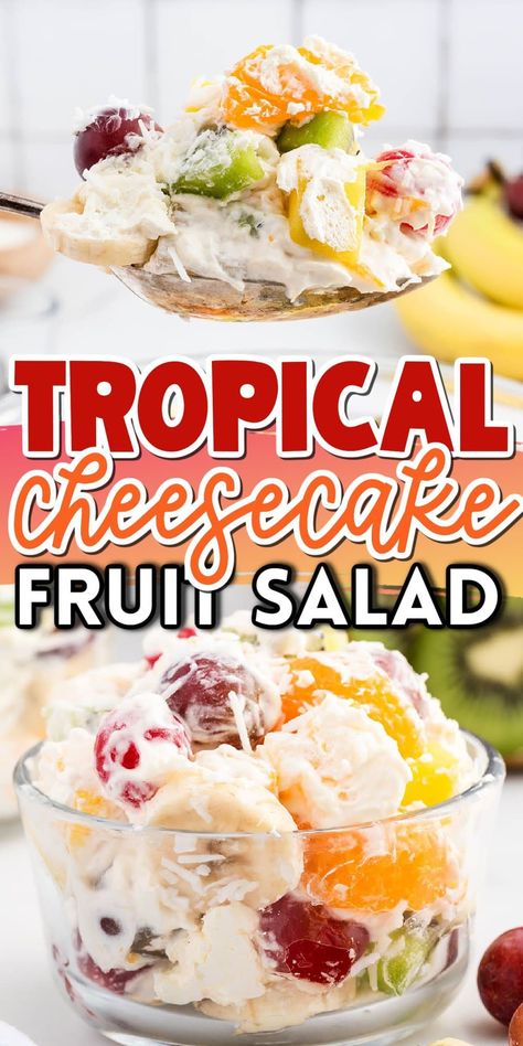 Tropical Cheesecake Fruit Salad Tropical Cheesecake, Tropical Fruit Recipes, Cheesecake Fruit, Cheesecake Fruit Salad, Easy Fruit Salad Recipes, Fruit Cheesecake, Tropical Fruit Salad, Dressing For Fruit Salad, Fruit Salad Recipe