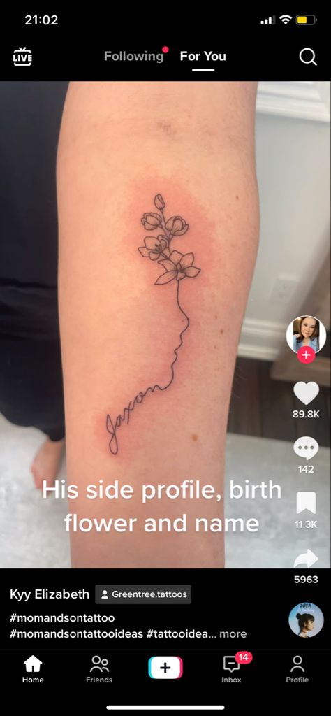 Flower Side Profile Tattoo, Newborn Side Profile Tattoo, Birth Flower Silhouette Tattoo, Baby Face Outline Tattoo With Birth Flower, Birth Flower Side Profile Tattoo, Baby Profile Tattoo With Flowers, Side Profile Baby Face Tattoo, Baby Side Profile Tattoo With Flowers, Baby Face Outline Tattoo