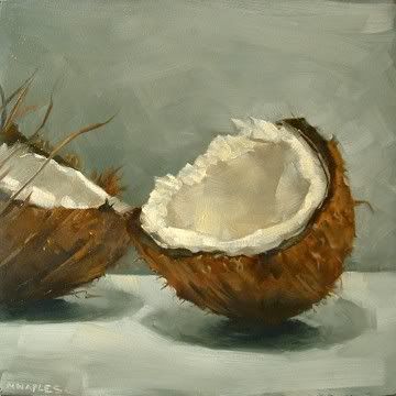 Cracked Coconut by Michael Naples. Oil on 1/4" board. 6" x 6" Fruits Art, Vegetable Painting, Canvas Kitchen Wall Art, Fruits Drawing, Food Painting, Still Life Oil Painting, Fruit Painting, Daily Painting, Still Life Art