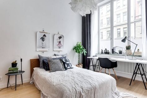 Scandinavian Apartment by Stylingbolaget Small Bedroom Layout Ideas, Scandinavian Bedroom Decor, Scandinavian Style Bedroom, Small Bedroom Layout, Scandinavian Design Bedroom, Brighter Bedroom, Simple Interior Design, Scandinavian Apartment, Guest Room Office