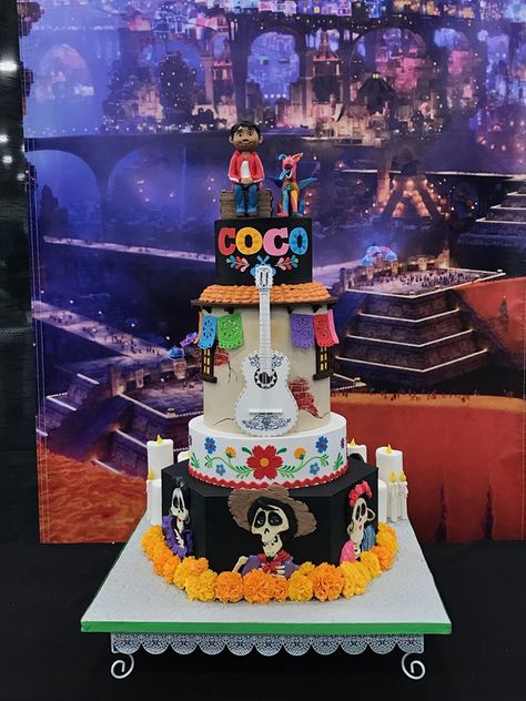 Coco inspired cake for our team effort competition.  Cake completed by Natasha Rice from Natasha Rice Cakes.   1st place winner at LA Cookie Con and sweets show. #CocoCake #Coco #PixarCoco #CocoInspired #DisneyCake #DisneyCocoCake Coco Theme Cake, Coco Birthday Cake, Coco Party Ideas, Coco Theme Party, Coco Birthday Party, Coco Cake, Coco Movie, Coco Birthday, Coco Party