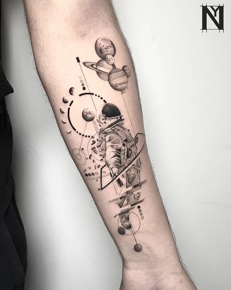 by Noam Yona נועם יונה | NOAM YONA Astronomical Tattoo, Space Tattoo Sleeve, New Tattoo Styles, Tattoo Perna, Astronaut Tattoo, Stylish Tattoo, Geometric Tattoos, Elbow Tattoos, Geometric Tattoo Design