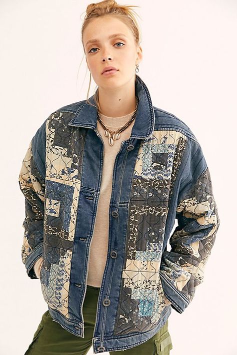 Trendy Patchwork Pieces That Don’t Look Like Arts and Crafts Projects Plain White Top, Jacket Patchwork, Quilted Denim, Free People Store, Patchwork Jacket, Free People Jacket, Oversized Denim Jacket, Denim Patchwork, Clothes Ideas