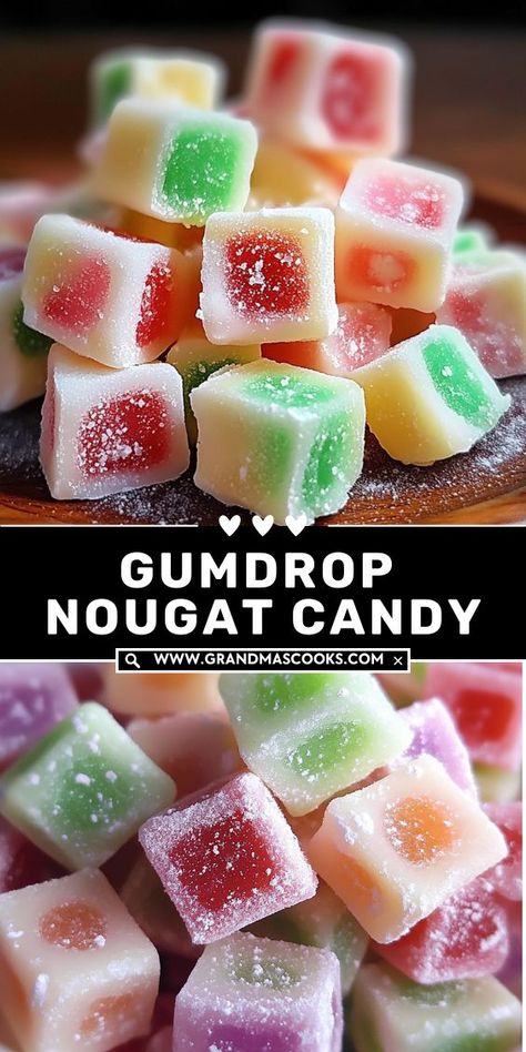 Make your holidays sweeter with homemade gumdrop nougat candy! This soft, chewy candy is bursting with flavor and color—perfect for gifting or indulging. Gum Drop Nugget Candy, Fruit Nougat Candy, Homemade Nougat Candy, Homemade Gumdrops Recipes, Aplets And Cotlets Recipe, How To Make Homemade Candy, Homemade Sour Candy, Homemade Nougat Recipe, Gumdrop Nougat Candy Recipes