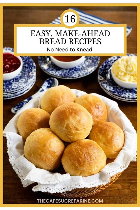 16 no-knead, make-ahead bread recipes that anyone can make! We've included plenty of tips and tricks to ensure success. via @cafesucrefarine Make Ahead Bread Dough, Basic Sweet Dough Recipe, No Knead Bread Recipe, Artisan Rolls, Baked Sweets, French Bread Recipe, Knead Bread Recipe, Oatmeal Bread, Homemade Bread Easy