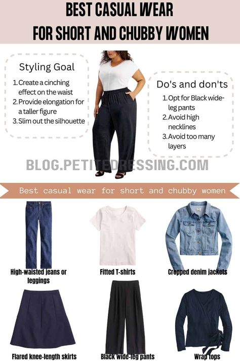 Casual wear guide for short and chubby Casual Outfits Petite, Outfits For Short Women Curvy, Outfits For Short Women, Belly Clothes, Dress For Chubby, Curvy Casual Outfits, Plus Size Fashion Tips, Chubby Fashion, Black Wide Leg Pants