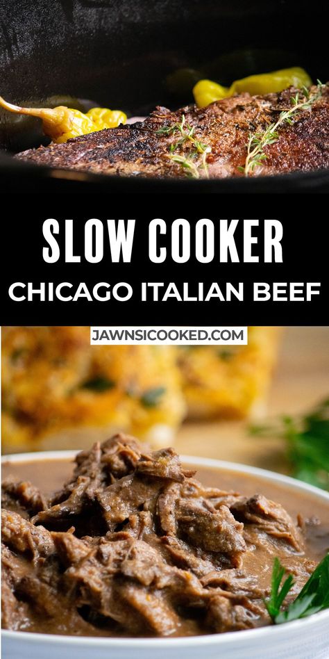 This delicious and simple Slow Cooker Chicago Italian Beef is loaded with Italian style flavor, and makes great sandwiches for parties or fuss free dinner! Chicago Beef Crock Pot, Italian Beef Crockpot Chicago, Homemade Italian Beef Sandwiches, Chicago Style Italian Beef Crockpot, Chicago Style Italian Beef Sandwiches Crockpot, Shredded Italian Beef Crock Pot, Italian Beef In Crockpot, Homemade Italian Beef, Crock Pot Italian Beef Sandwiches