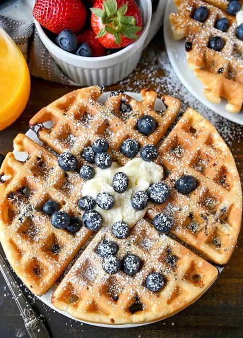 Buttermilk Blueberry Waffles Recipe-Butter Your Biscuit Blueberry Waffle Recipe, Homemade Cherry Sauce, Blueberry Waffles Recipe, Savory Waffle Recipe, Blueberry Waffle, Waffle Ideas, Sour Cream Blueberry Muffins, Buttermilk Blueberry, Berry Waffles