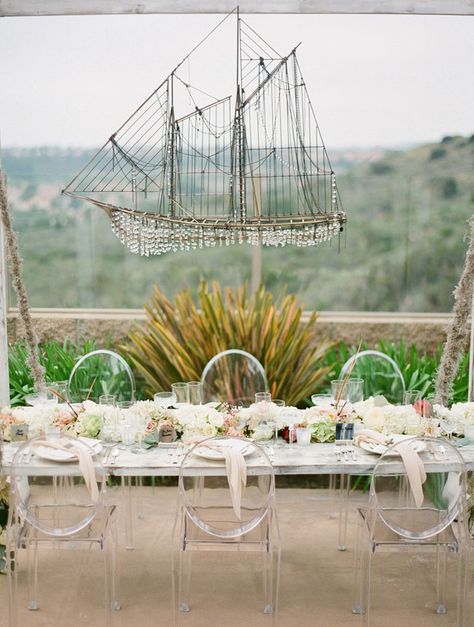 Love the ship chandelier that hung above the head table from this Shipwrecked Winter Beach Wedding Wedding Reception Head Table, Reception Head Table, Hanging Centerpiece, Ship Wreck, Backyard Canopy, Jose Villa, Wedding Chandelier, Winter Beach, Green Beach