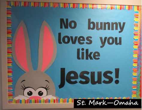 Bulletin board - A cute bunny peeks over the edge in this Easter bulletin board. April Bulletin Board Ideas For Church, Bunny Bulletin Board Ideas, Easter Boards Bulletin, Easter Bulletin Boards For Church, Easter Bulletin Board Ideas, Christian Easter Bulletin Board Ideas, Spring Bulletin Board Ideas, Jesus Bulletin Boards, Christian School Bulletin Boards