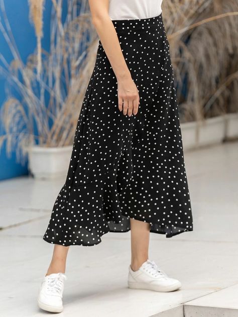 Polka Dot Ruffle Hem Skirt | SHEIN USA Polka Dot Skirt Outfit, Dot Skirt Outfit, Polka Skirt, Black And White Polka Dot Skirt, Polka Dots Skirt, Zara Midi Skirt, Ruffle Hem Skirt, Stylish Summer Outfits, Satin Midi Skirt