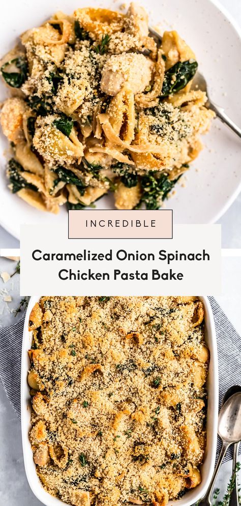 Incredible caramelized onion spinach chicken pasta bake made with two full bags of spinach for extra veggies and a creamy, lightened up parmesan cheese sauce. This protein-packed, healthy chicken pasta bake is the perfect weeknight dinner when you're craving something warm and comforting! Spinach Chicken Pasta, Dinner Spinach, Baked Chicken Pasta Recipes, Chicken Spinach Pasta, Parmesan Cheese Sauce, Spinach Chicken, Healthy Chicken Pasta, Pasta Chicken, Chicken Pasta Bake