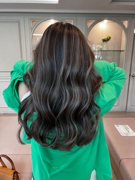 Milk Tea Brown Highlights, Black Hair Balyage, Hair Highlights For Dark Hair Black, Dark Beige Hair, Brown Highlights On Dark Brown, Underneath Highlights For Dark Hair, Asian Hair Color Highlights, Korean Balayage Hair, Soft Highlights For Dark Hair