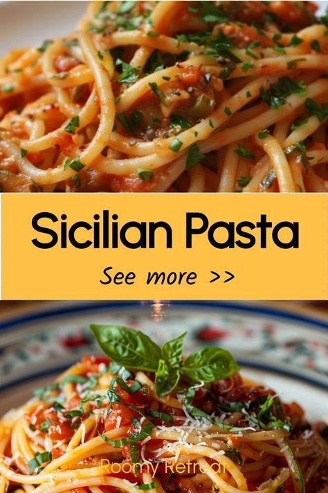 Indulge in the delightful flavors of Sicily with this authentic Sicilian Pasta recipe. This dish combines fresh ingredients like tomatoes, olives, and capers to create a burst of Mediterranean goodness in every bite. Whether you're a pasta lover or looking to try something new, this recipe is sure to impress your taste buds and transport you to the charming streets of Sicily. From the first twirl of spaghetti to the last savory bite, this Sicilian Pasta will surely become a family favorite. Sicilian Recipes Pasta, Sicilian Pasta Sauce, Pasta A La Norma Sicily, Sicilian Food Authentic, Authentic Italian Spaghetti Recipes, Mediterranean Pasta Dishes, Sicilian Pasta Recipes, Authentic Italian Recipes Sicily Sicilian Food, Authentic Sicilian Recipes