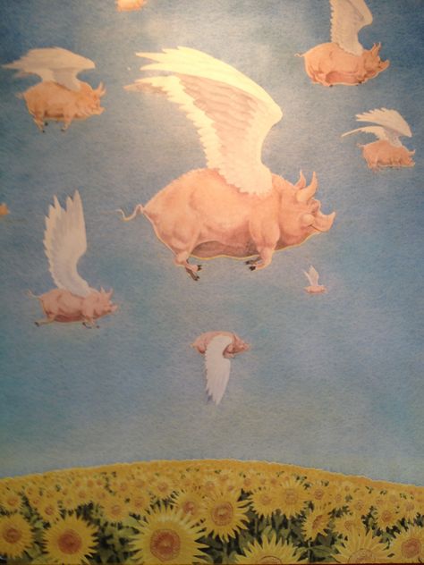 Flying pig over sunflowers Flying Pig Tattoo Ideas, Flying Pigs, Pig With Wings, Pig Flying Drawing, Pigs Flying, Pigs In Space, Pig Wings, Flying Pig Painting, Flying Pigs Art Paintings