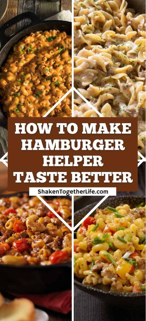 Wondering how to make Hamburger Helper taste better? Try one of these add-in ideas to make this pantry staple even better. We have over 20 great ideas, from veggies, cheese, spices, and protein switches! Hamburger Helper Recipes Add Ins, Recipes Using Hamburger Helper, Cheeseburger Hamburger Helper Add Ins, Cheesy Ranch Burger Hamburger Helper, How To Make Hamburger Helper Better, Hamburger Helper Hacks, Elevated Hamburger Helper, One Pan Hamburger Helper, Hamburger Helper Stroganoff Add Ins