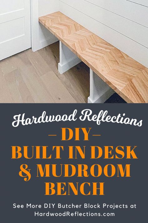 Chevron Butcher Block Counter, Butcher Block Bench, Entryway Refresh, Oak Bench Seat, White Oak Bench, Diy Desks, Butcher Block Desk, Diy Butcher Block, Block Bench