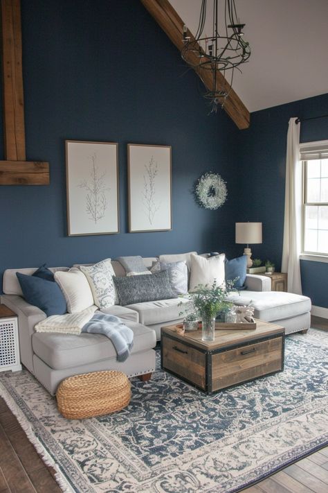 Discover the beauty of rustic charm and cozy comfort in farmhouse living rooms. Click here to explore. Navy Grey Cream Living Room, Blue Room Ideas Living Room, Living Room Farmhouse Colors, Navy Blue Rustic Living Room, Navy Blue And Light Blue Living Room, Blue Farmhouse Living Room Ideas, Farmhouse Decor With Blue Accents, Living Room Colors Grey Couch, Blue And Tan Living Room Color Scheme