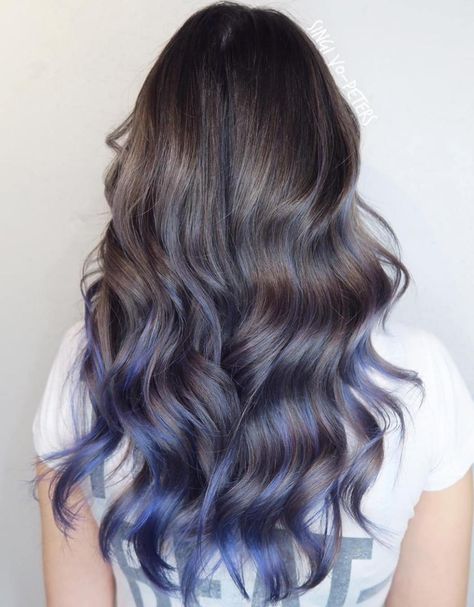 Pastel Blue Balayage For Brown Hair Lavender Hair Ombre, Violet Hair Colors, Purple Ombre Hair, Blue Ombre Hair, Brown Ombre Hair, Violet Hair, Blue Highlights, Balayage Hair Blonde, Short Hair Balayage