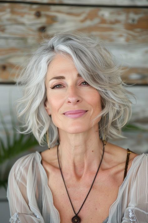 19+ Mid-Length Haircuts That Will Take Years Off Your Look - NeedleStar Medium Length Haircut Grey Hair, Hairstyles For Medium Length Gray Hair Over 50, Mid Length Grey Hair, Shoulder Length Gray Hair, Silver Hair Women, Mid Hair Length Styles, Over 50 Hairstyles For Women, Short Layered Haircuts For Women, Mid Hairstyles