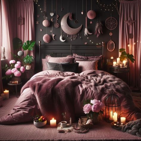 Black Floral Bedroom, Pink Gothic Bedroom, Girly Witchy Bedroom, Gray Black And Pink Bedroom Ideas, Black Pink Bedroom Ideas, Bedroom Ideas Witchy, Wall Halloween Decorations, Dark Boho Bedroom Aesthetic, Halloween Decorations Indoor Bedroom