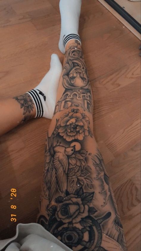 Girly Full Leg Tattoo, Black And Grey Leg Tattoos Women, Cute Leg Sleeve Tattoo, Leg Sleeve Tattoo Ideas For Women, Leg Filler Tattoo Ideas Women, Women’s Leg Sleeve Tattoo Ideas, Women With Leg Sleeves, Women Full Leg Tattoo Ideas, Tattoos On Legs Women