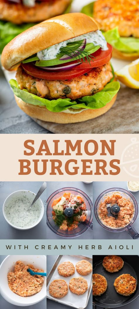 Congratulations! You've found the best salmon burgers recipe on the internet! These flavor-packed salmon burgers are made with fresh salmon and served with a creamy herb aioli. This recipe elevates healthy dinners to a new level of easy and delicious. Step-by-step instructions for grilling, pan searing and air fryer are provided. #lemonblossoms #salmon #bbq Salmon Burgers Recipe, Smoked Seafood, Herb Aioli, Salmon Burger Recipe, Canned Salmon Recipes, Salmon Burger, Best Salmon, Fish Burger, Fresh Salmon