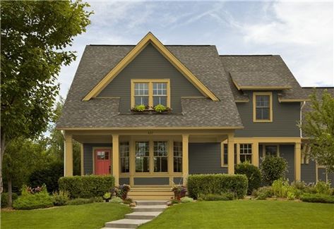 Look at the paint color combination I created with Benjamin Moore. Via @benjamin_moore. Body: Dakota Woods Green 2139-20; Trim: Ochre 2151-30; Door: Red Oxide 2088-10. Green Benjamin Moore, Craftsman Porch, Diy Window Trim, Exterior Siding Colors, Modern Garage Doors, Black Shutters, Color Combinations Paint, Window Trim Exterior, Exterior Stairs