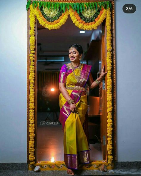 South Indian Wedding Saree, Blue Blouse Designs, House Warming Ceremony, Bride Photos Poses, Bridal Sarees South Indian, Bride Photoshoot, Wedding Saree Collection, Bridal Poses, Half Saree Designs