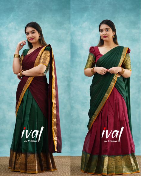 South Indian Style Lehenga, Dark Green And Maroon, Silk Half Saree, Peacock Mehndi, Marathi Culture, Peacock Mehndi Designs, Onam Outfits, Half Sarees, Dresses Traditional